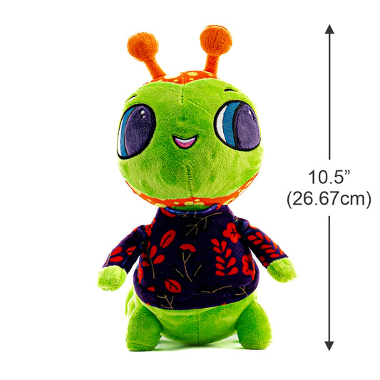 A musical plush toy, Sydnie Centipede hums the lullaby All the Pretty little Horses. Sydnie Centipede  is pictured in a front view showing the measurement, it stands 10.5 inches tall from the bottom to the top of its antenna. Sydnie Centipede plushie is ultra soft and is shown in green, orange and yellow, wearing a purple and red pajama top. Sydnie Centipedes face also lights up with a soft soothing glow.
