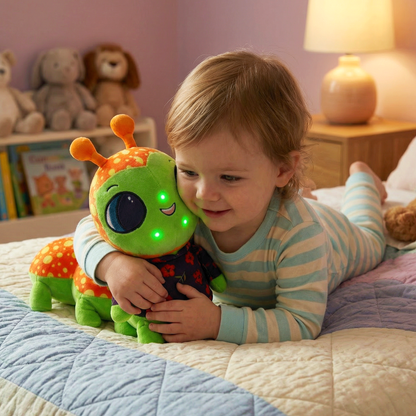 Child playing with a colorful plush toy centipede on a bed in a cozy bedroom.