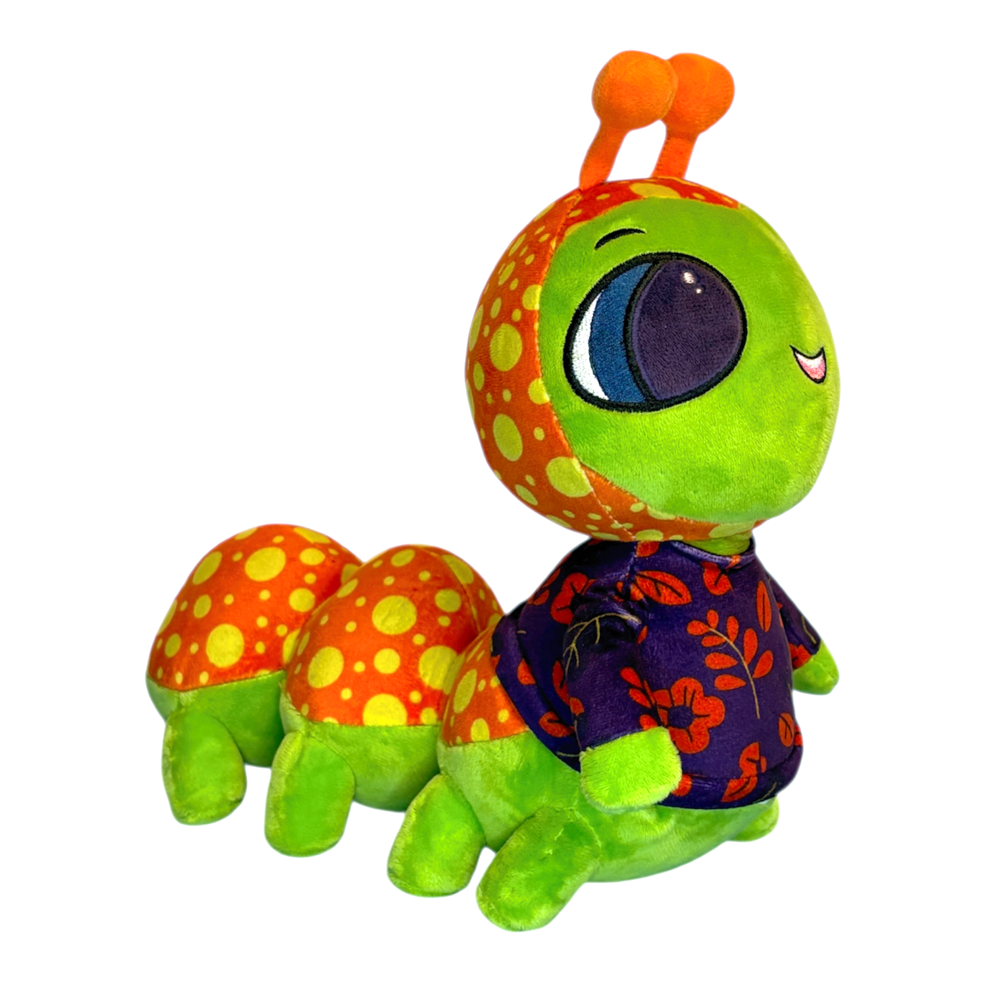 Colorful caterpillar plush toy with a purple shirt on a white background