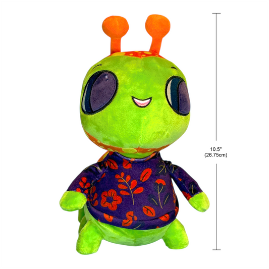 Green plush toy with orange antennas and a purple shirt with red patterns, shown with dimensions on a white background.