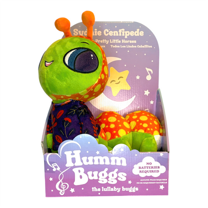 Plush toy centipede in a 'Humm Buggs' packaging on a white background