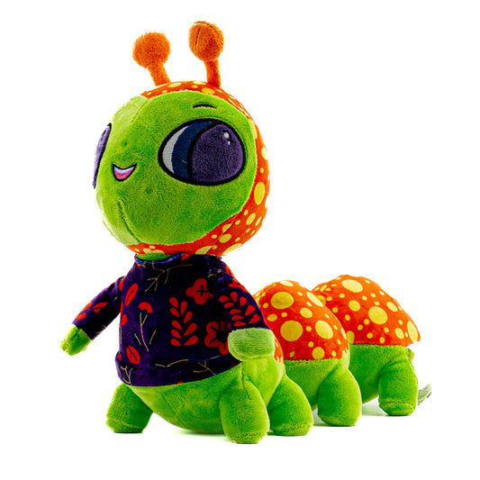 A musical plush toy, Sydnie Centipede hums the lullaby All the Pretty little Horses. Sydnie Centipede  is pictured as a side view, it stands 10.5 inches tall from the bottom to the top of its antenna. Sydnie Centipede plushie is ultra soft and is shown in green, orange and yellow, wearing a purple and red pajama top. Sydnie Centipedes face also lights up with a soft soothing glow.