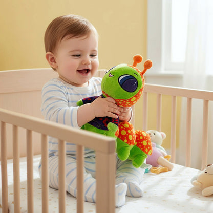 Child playing with a colorful toy in a crib