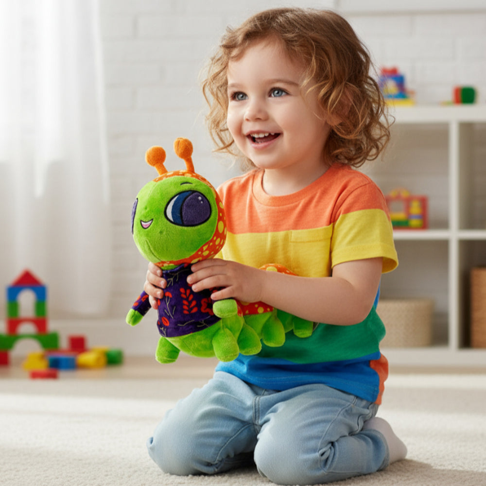 Child holding a green plush toy in a room with toys in the background